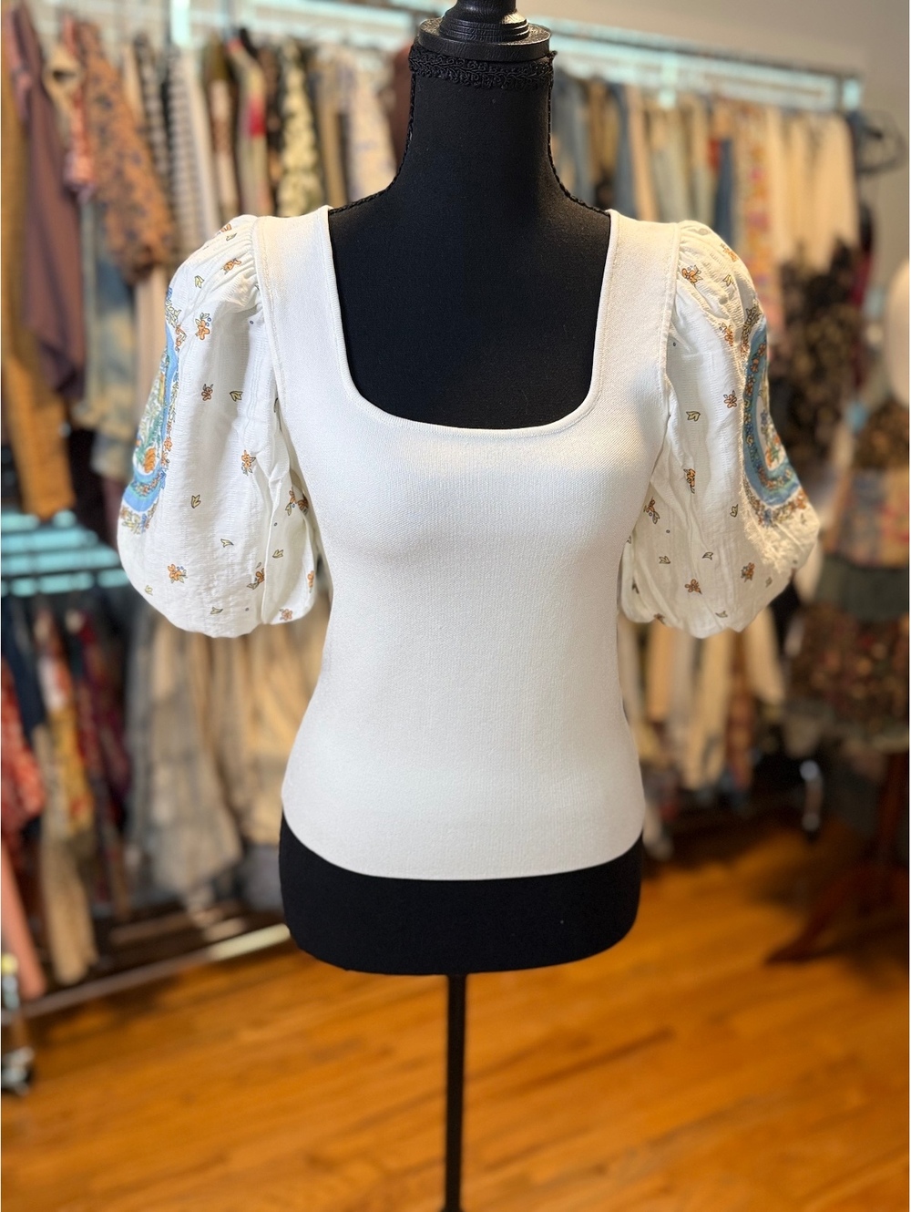 CURRENT AIR Floral Medallion Puff Sleeve Square Neck Knit Top NWT Large